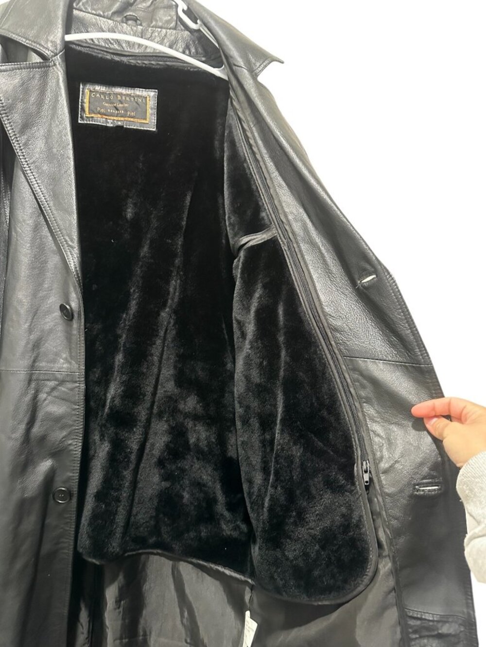 Vintage Leather Long Trench Coat Men Large Removable Faux Fur Lined Matrix Goth - Picture 7 of 16